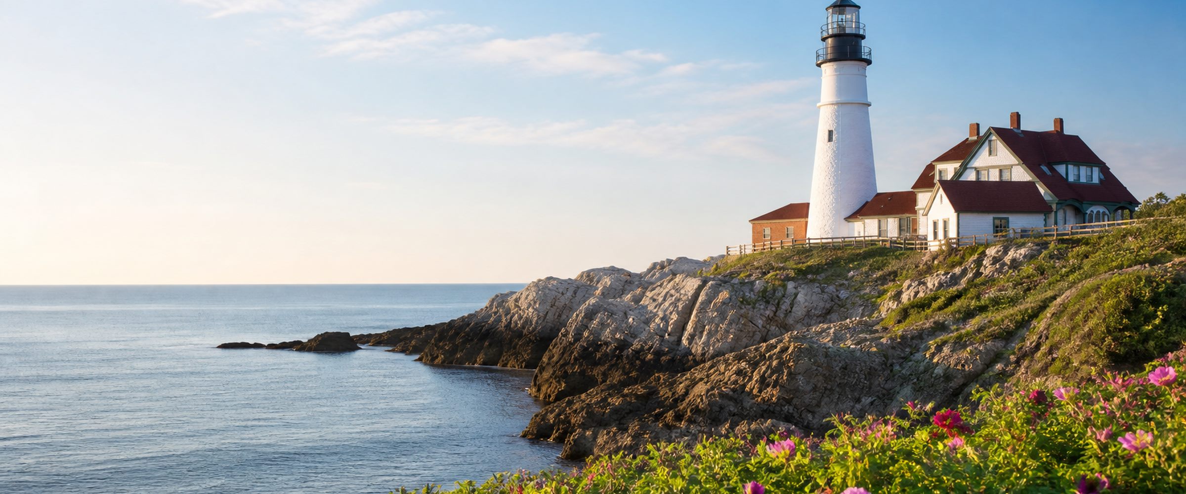 A Rhode Island coastal lighthouse on a rocky shoreline at golden hour